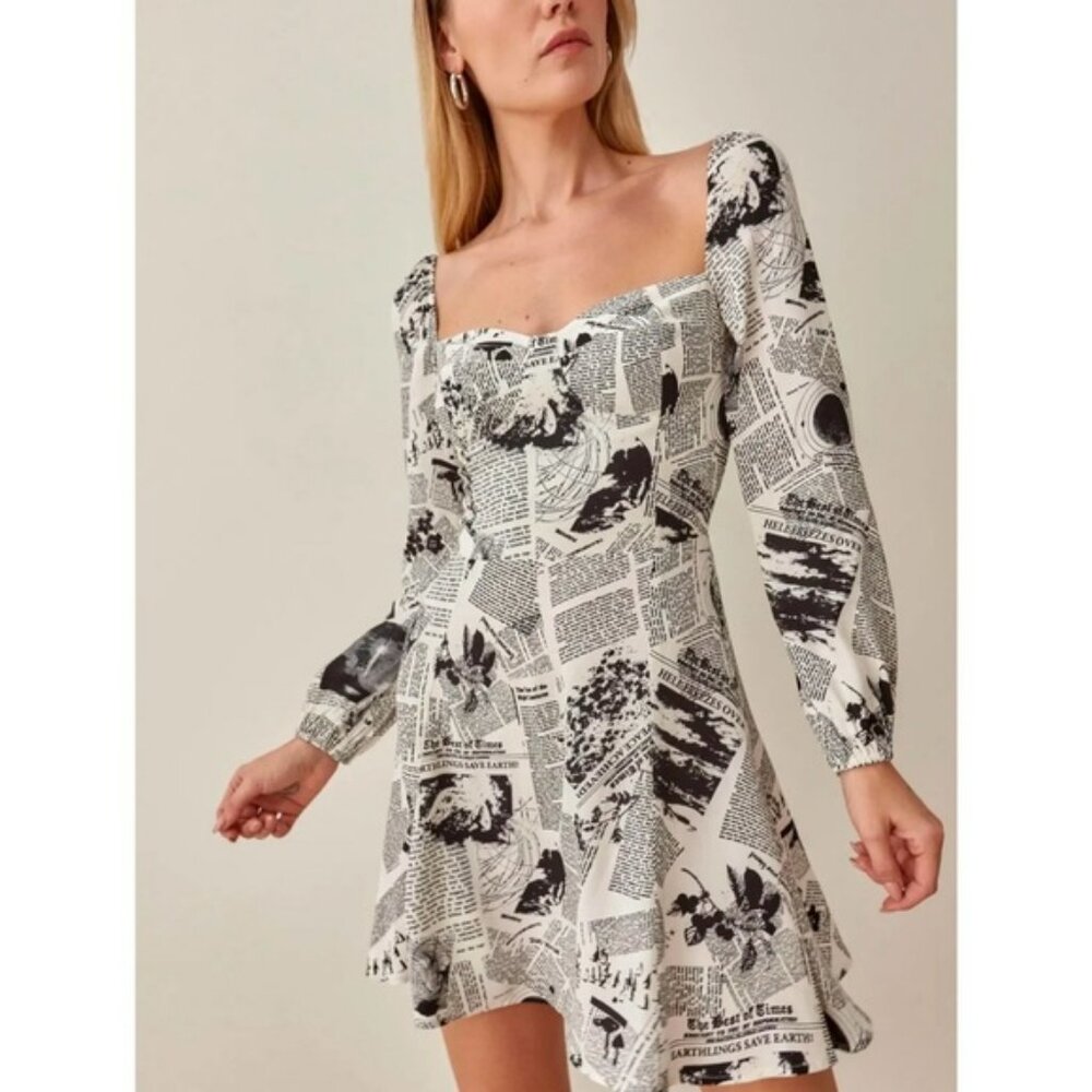 NWT Reformation Mochi Mini Dress in Climate Newsprint‎